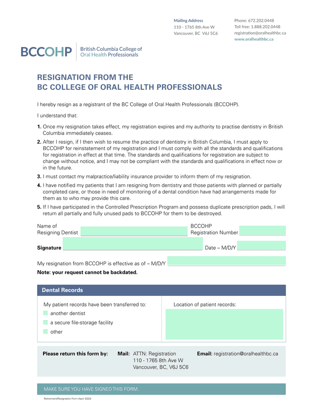 Resignation From The BC College Of Oral Health Professionals screenshot
