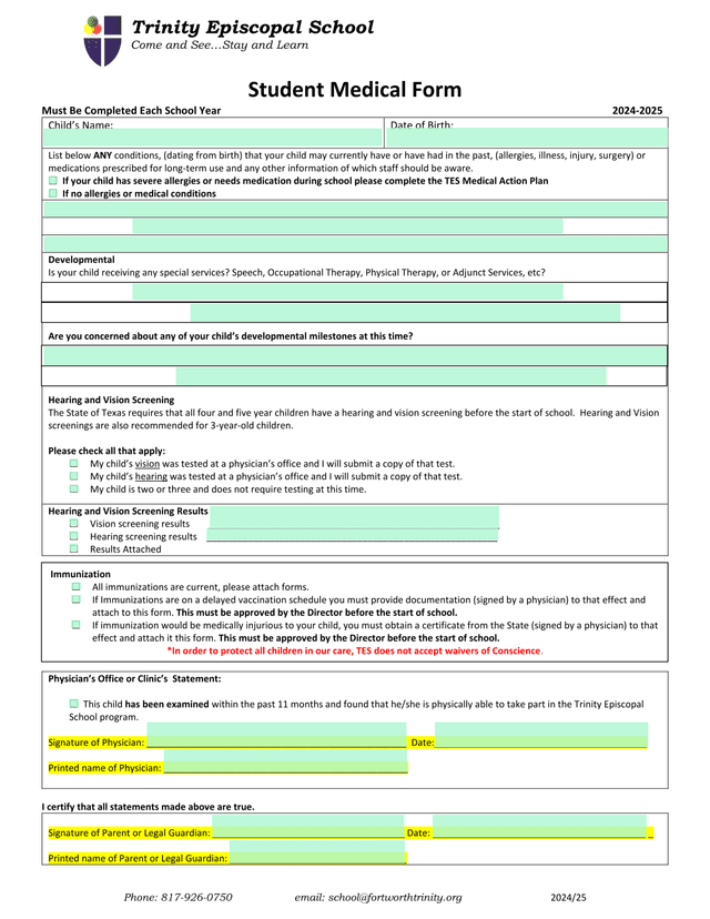 Student Medical Form screenshot