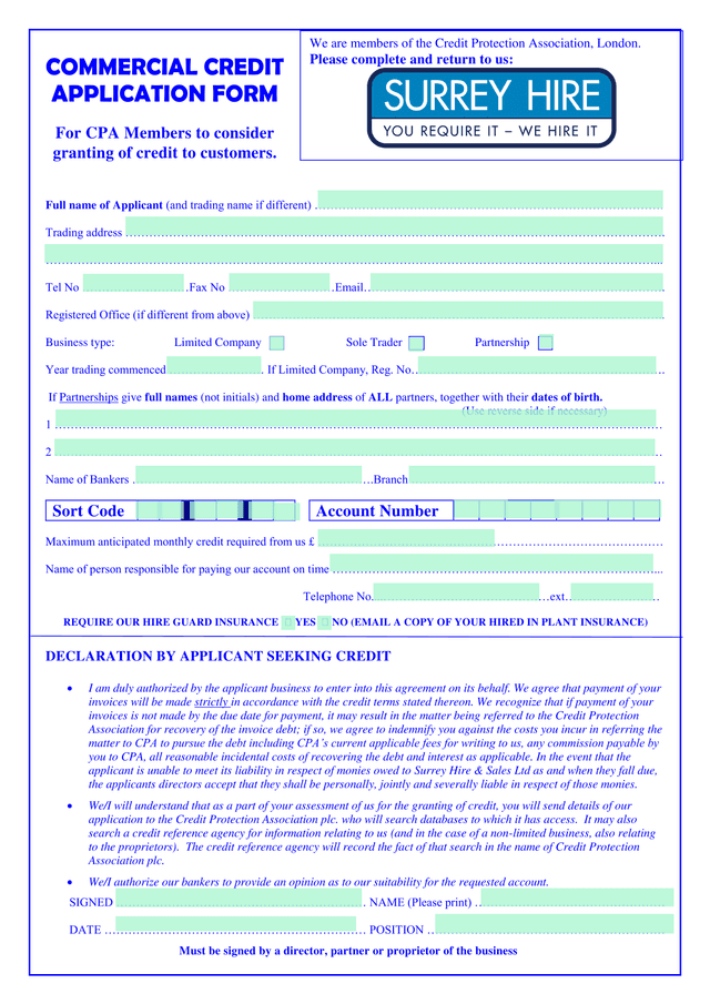 Commercial Credit Application Form screenshot
