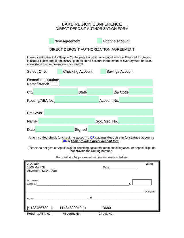 Direct Deposit Authorization Form screenshot