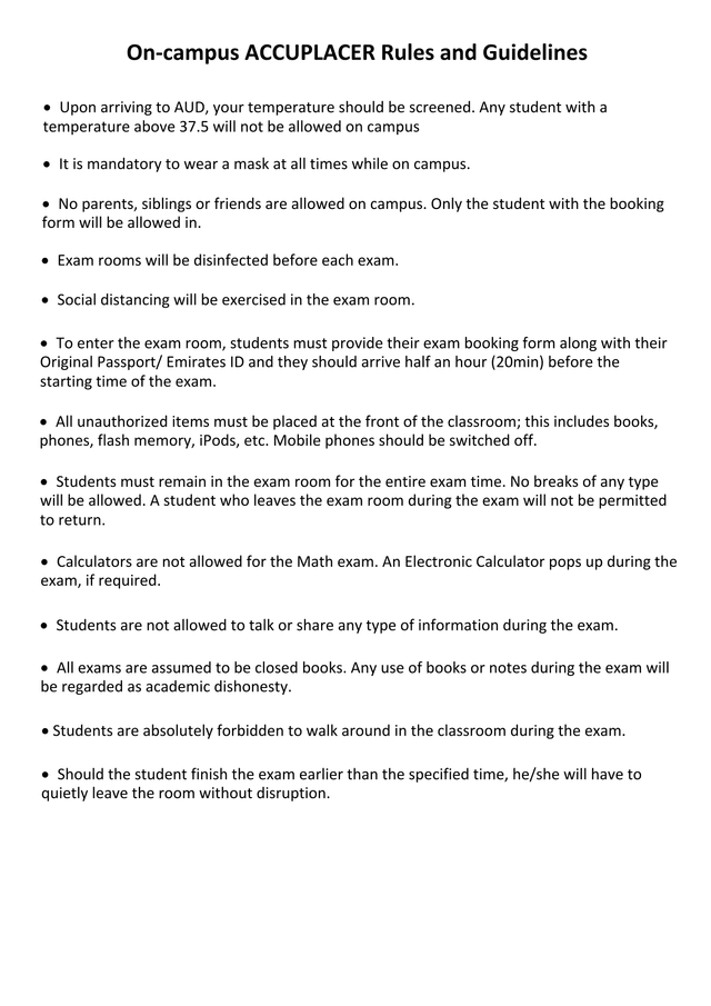 On Campus ACCUPLACER Rules And Guidelines screenshot