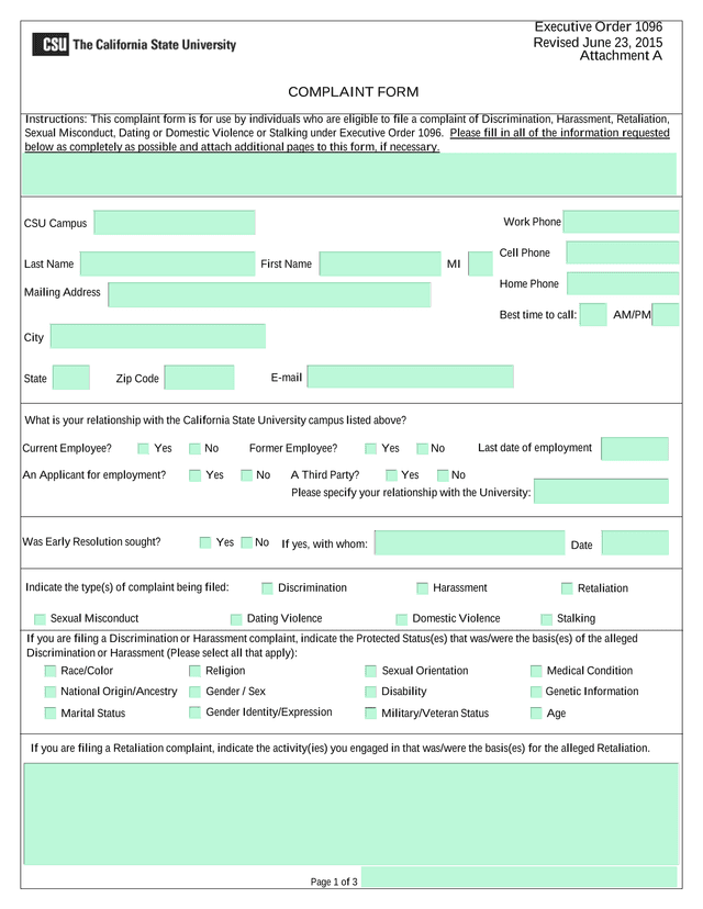 Executive Order 1096 Complaint Form screenshot