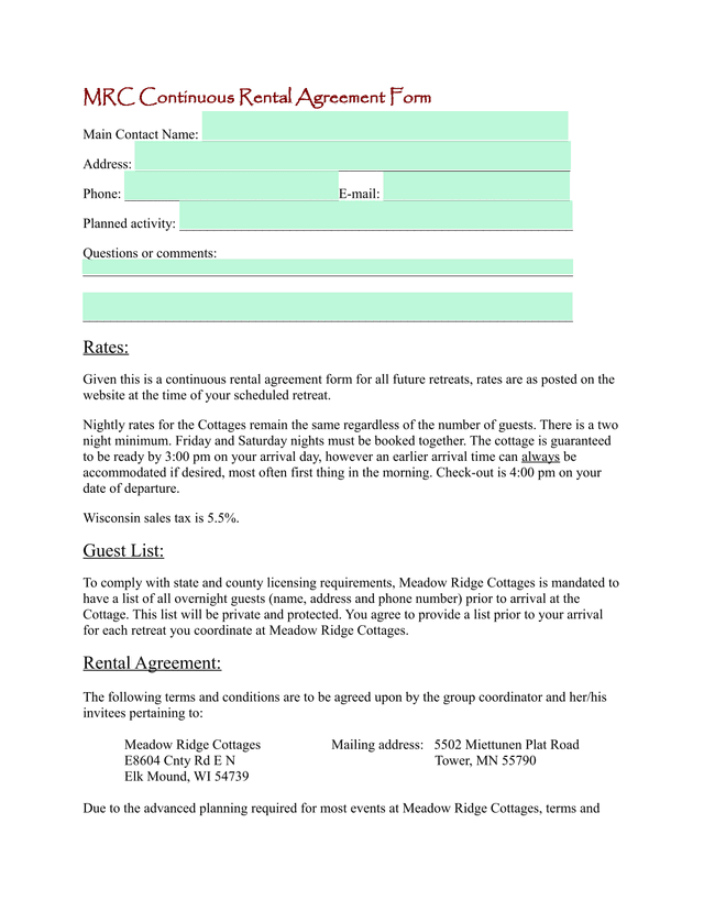 MRC Continuous Rental Agreement Form screenshot
