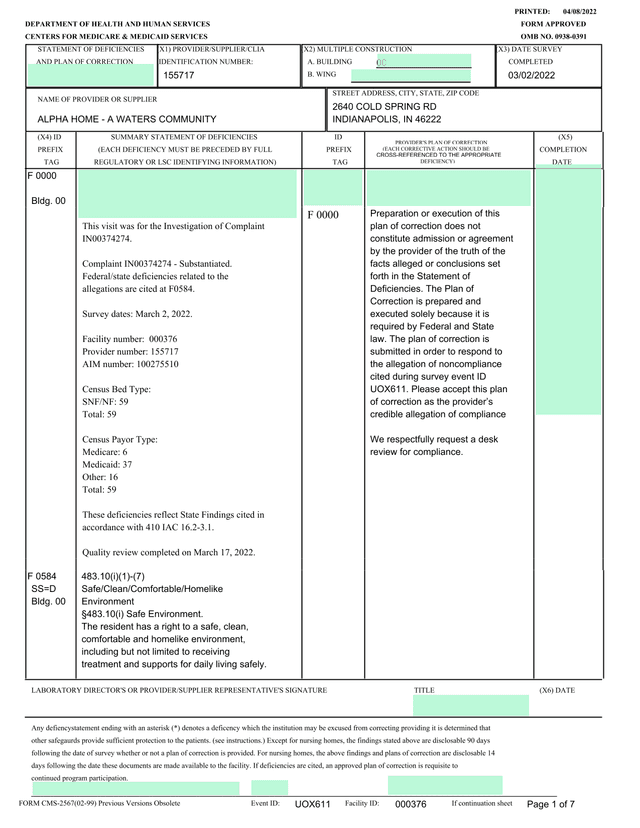 Statement Of Deficiencies And Plan Of Correction screenshot
