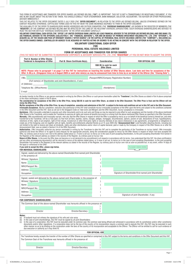Form Of Acceptance And Transfer For Offer Shares screenshot