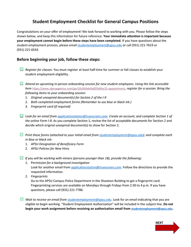 Student Employment Checklist For General Campus Positions screenshot