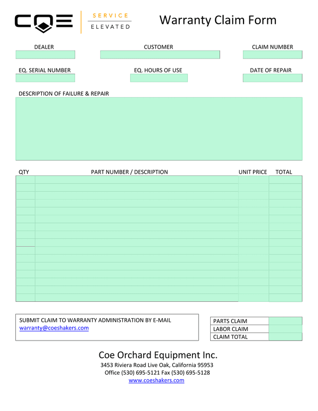 Warranty Claim Form screenshot