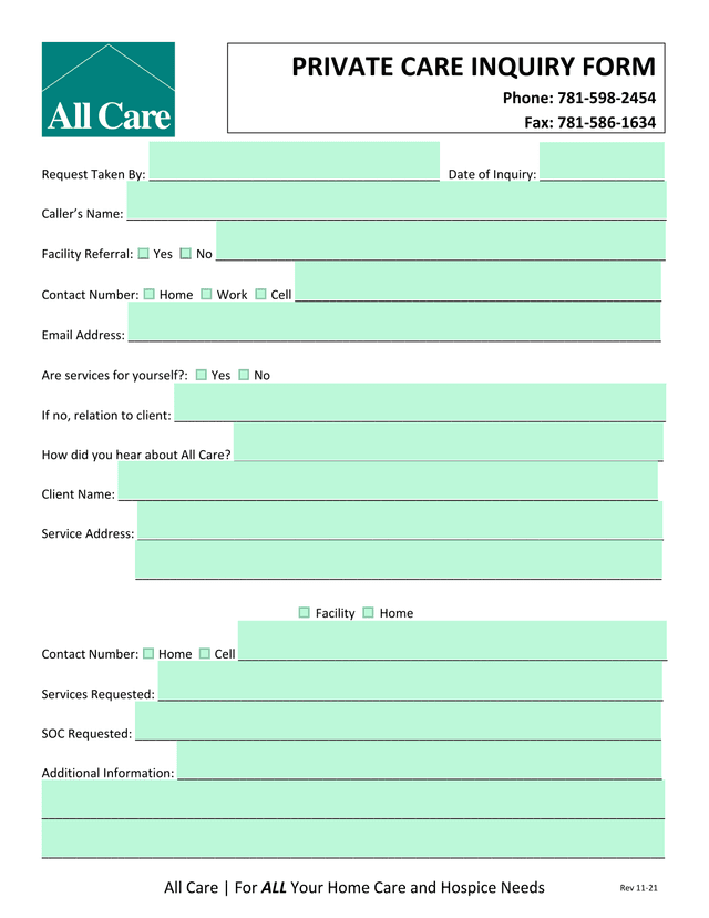 Private Care Inquiry Form screenshot