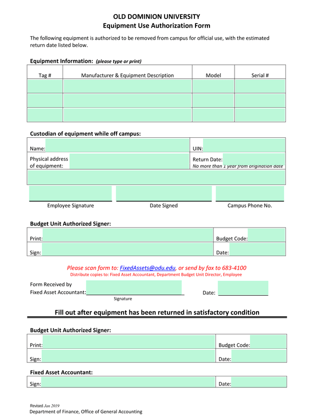 Equipment Use Authorization Form screenshot