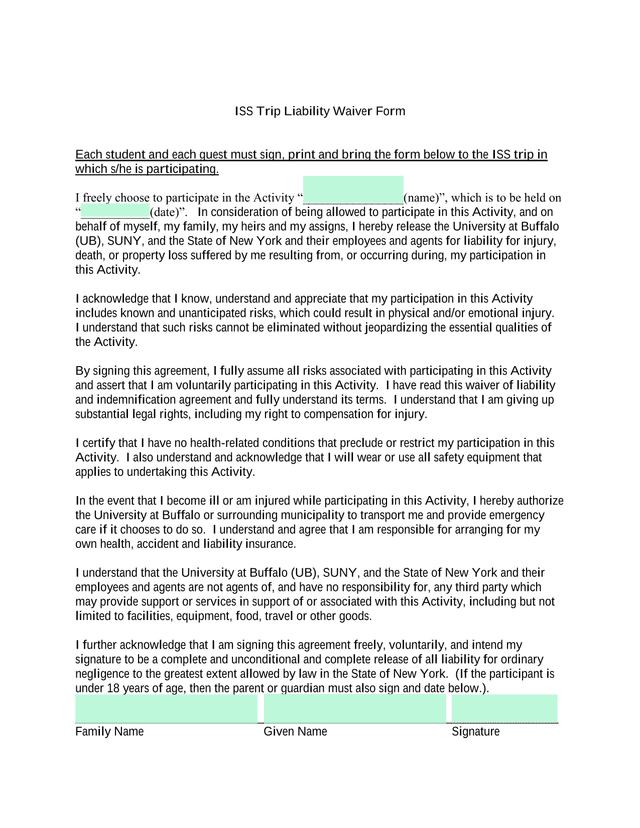 ISS Trip Liability Waiver Form screenshot