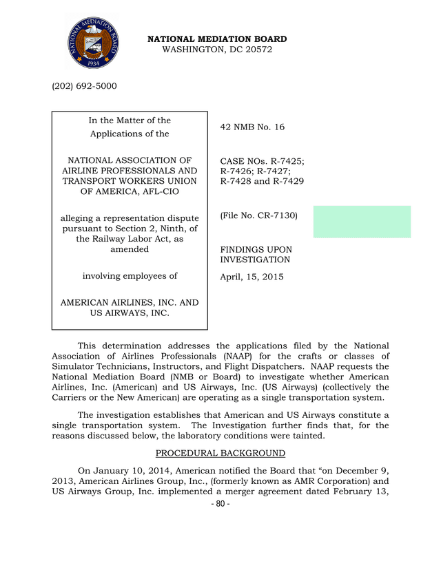National Mediation Board Findings Upon Investigation screenshot
