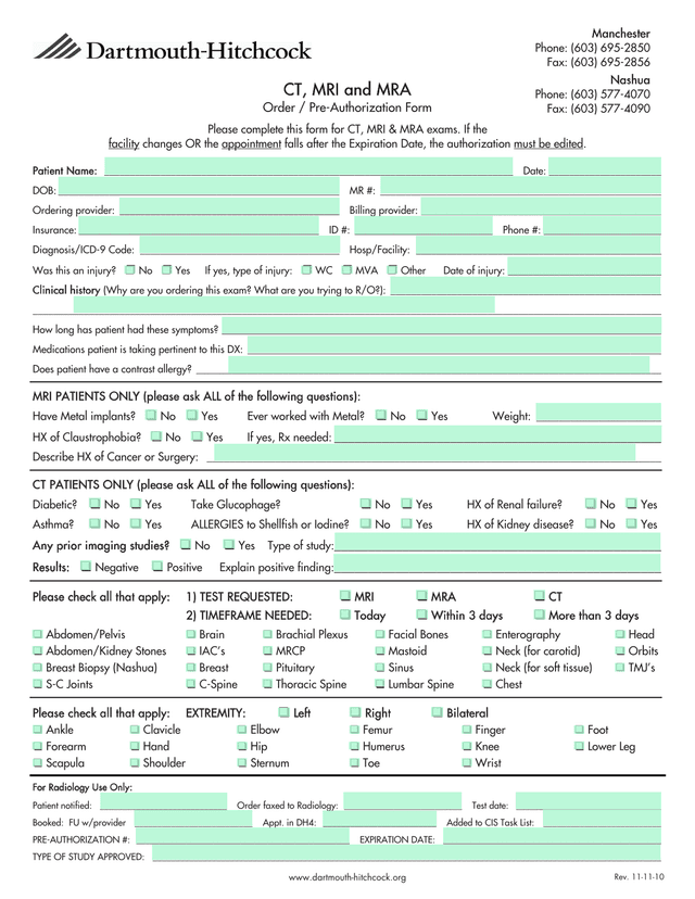 CT, MRI And MRA Order  Pre Authorization Form screenshot