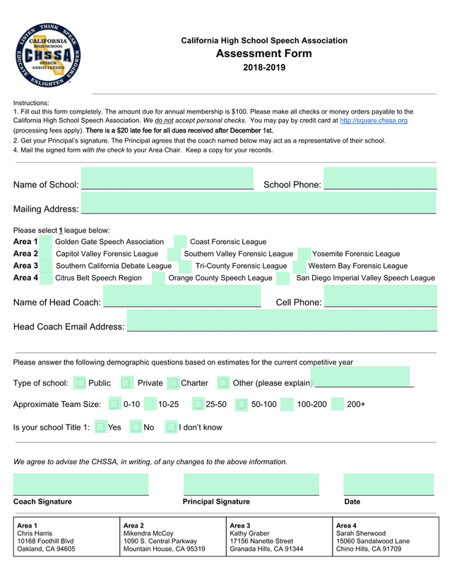 California High School Speech Association Assessment Form screenshot