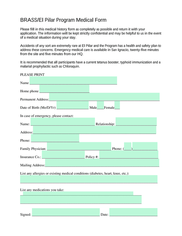 BRASSEl Pilar Program Medical Form screenshot