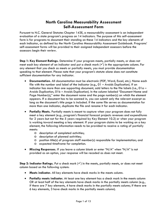 North Carolina Measurability Assessment Self Assessment Form screenshot
