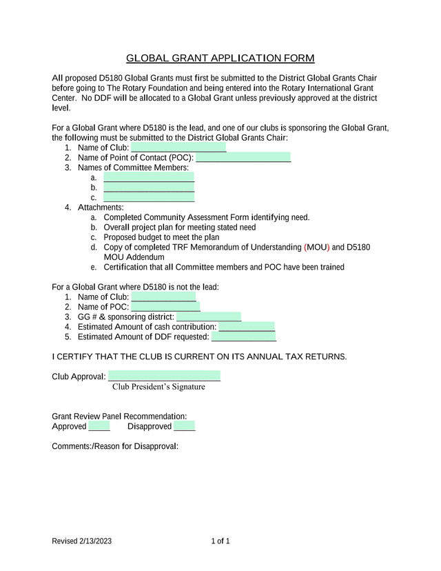 Global Grant Application Form screenshot