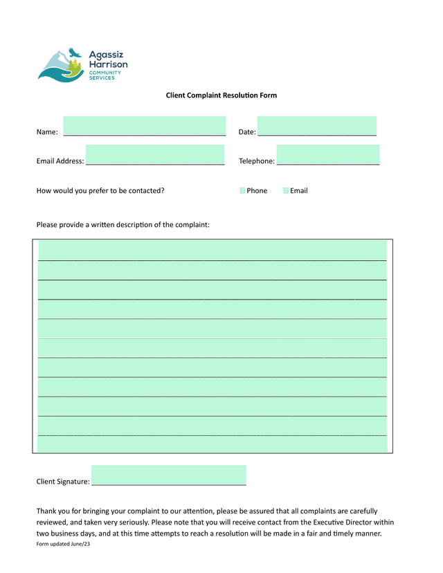 Client Complaint Resolution Form screenshot