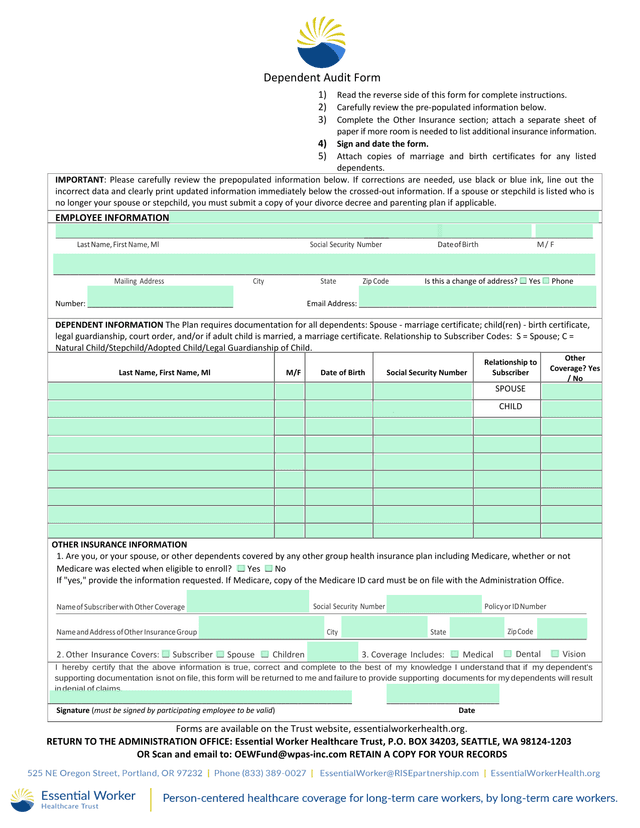 Dependent Audit Form screenshot