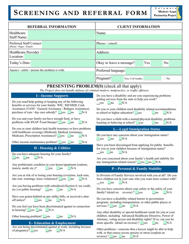 SCREENING AND REFERRAL FORM screenshot
