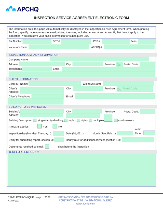 INSPECTION SERVICE AGREEMENT ELECTRONIC FORM screenshot