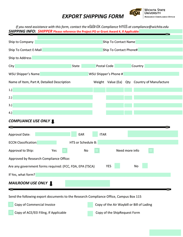 Export Shipping Form screenshot