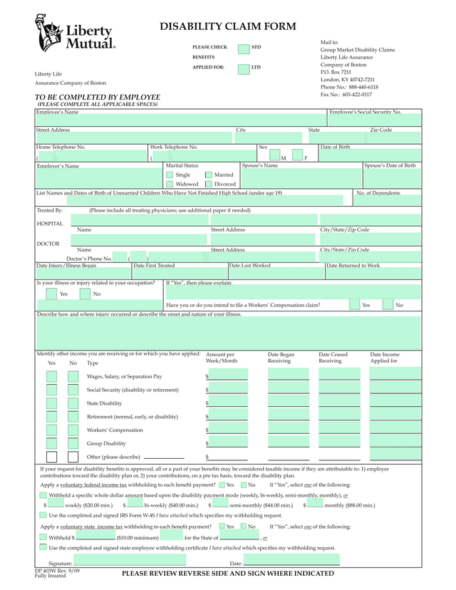 Disability Claim Form screenshot