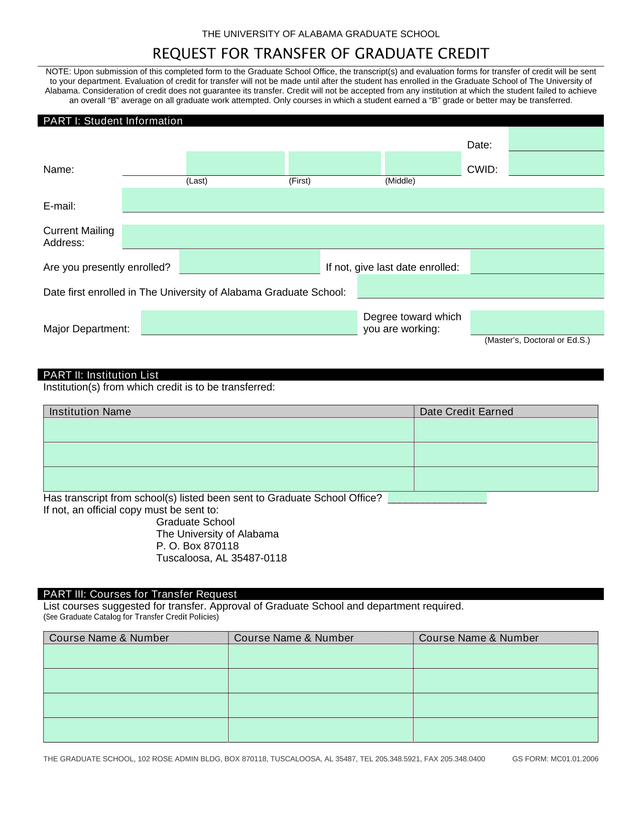 Request For Transfer Of Graduate Credit screenshot