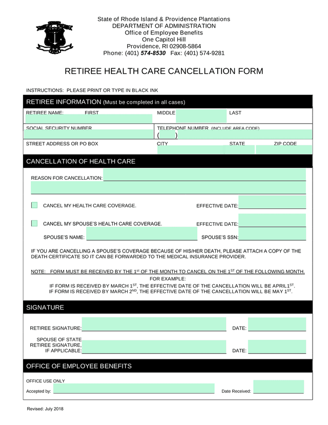 Retiree Health Care Cancellation Form screenshot