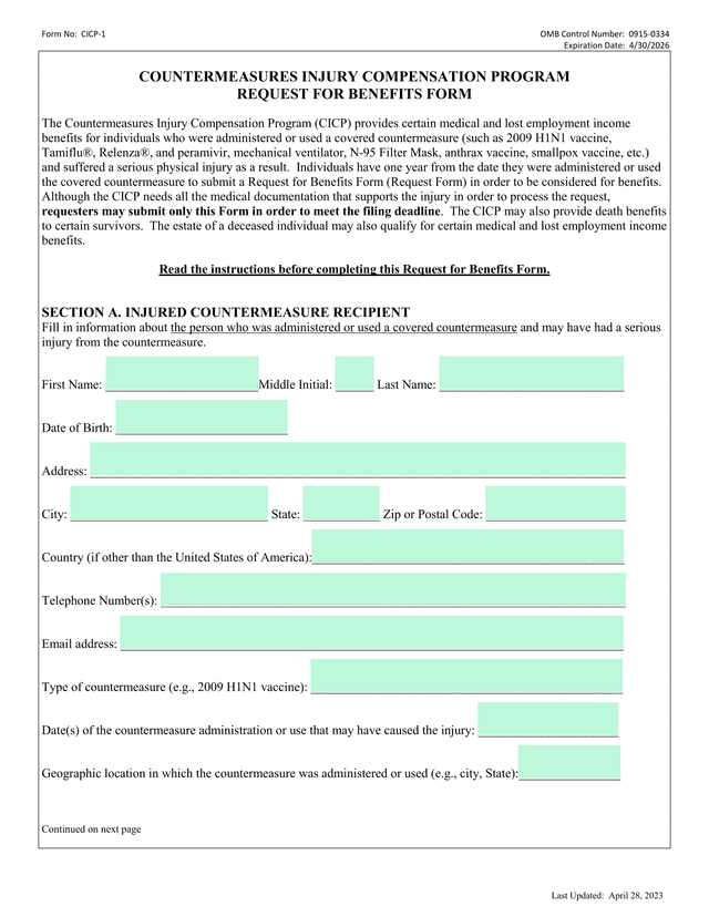 Countermeasures Injury Compensation Program Request For Benefits Form screenshot