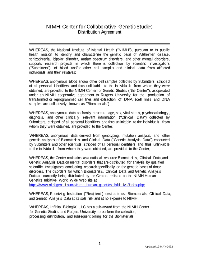 NIMH Center For Collaborative Genetic Studies Distribution Agreement screenshot