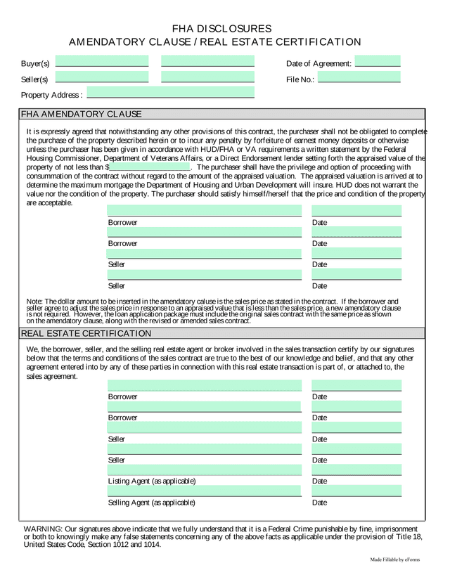 FHA Disclosures Amendatory Clause  Real Estate Certification screenshot