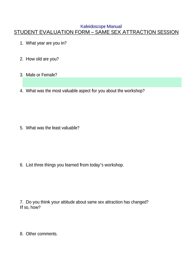 Kaleidoscope Manual Student Evaluation Form  Same Sex Attraction Session screenshot