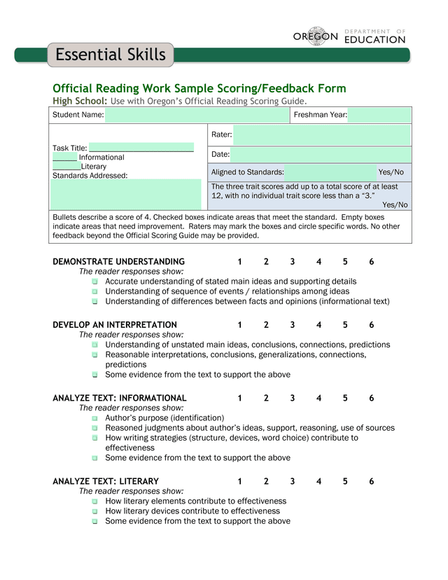 Official Reading Work Sample ScoringFeedback Form screenshot