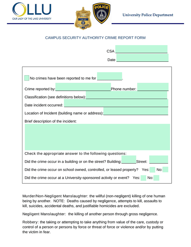 Campus Security Authority Crime Report Form screenshot