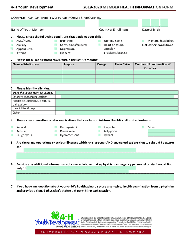 4 H Youth Development 2019 2020 MEMBER HEALTH INFORMATION FORM screenshot