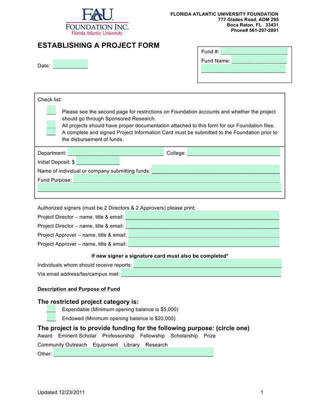 ESTABLISHING A PROJECT FORM screenshot