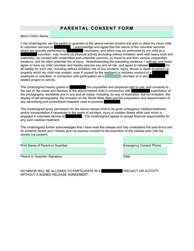 Parental Consent Form screenshot