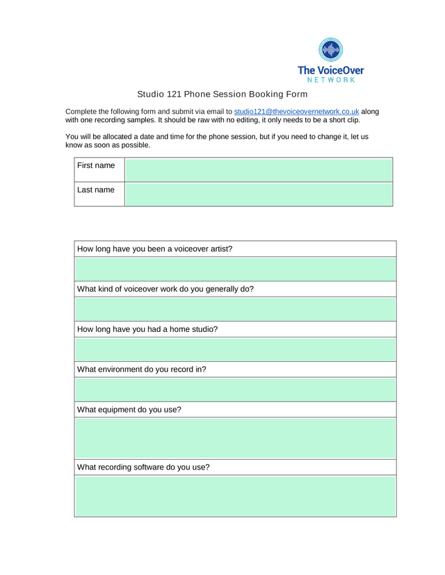 Studio 121 Phone Session Booking Form screenshot