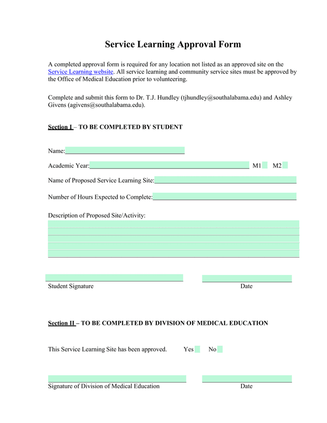 Service Learning Approval Form screenshot