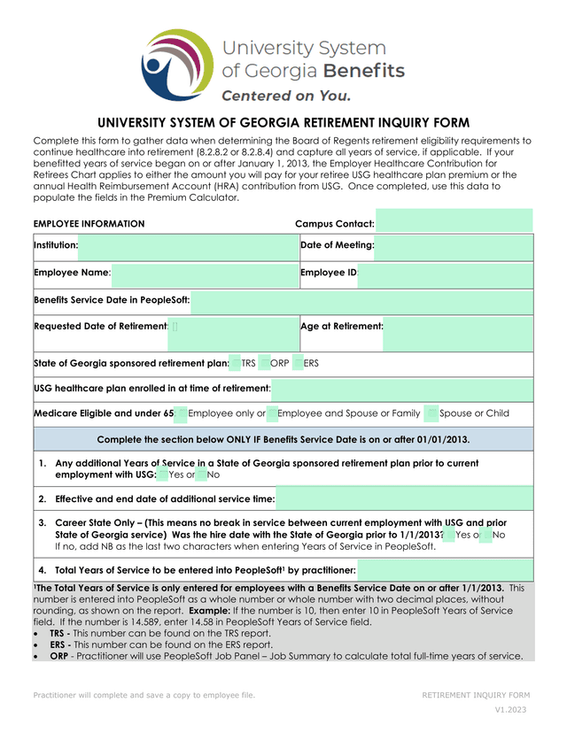 Retirement Inquiry Form screenshot