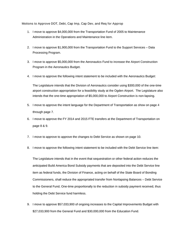 Motions To Approve DOT, Debt, Cap Imp, Cap Dev, And Req For Approp screenshot