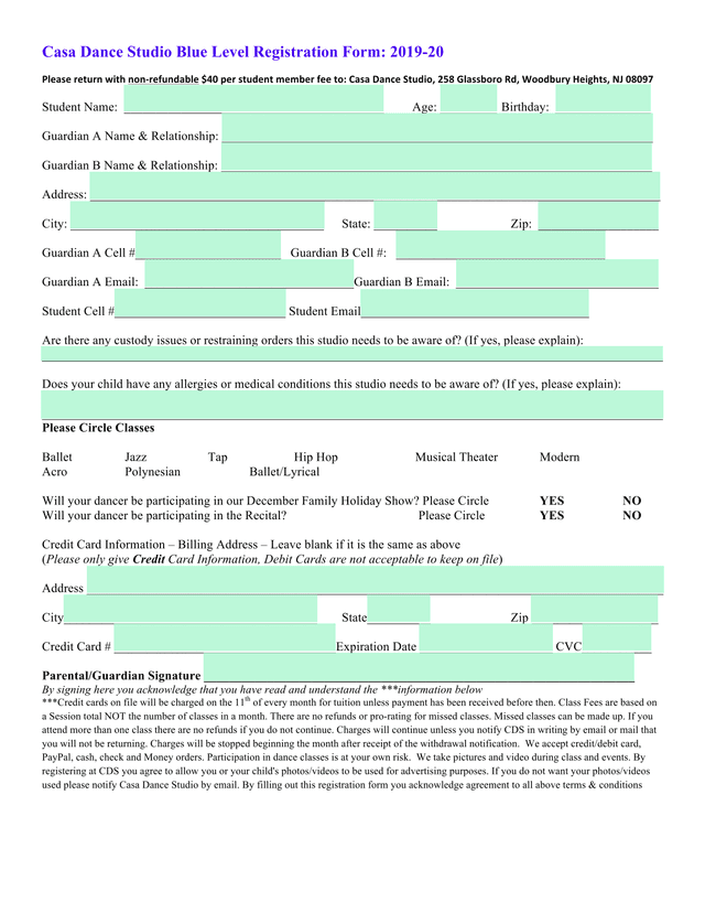 Casa Dance Studio Blue Level Registration Form 2019 20 screenshot