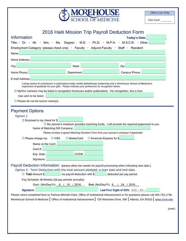 2016 Haiti Mission Trip Payroll Deduction Form screenshot