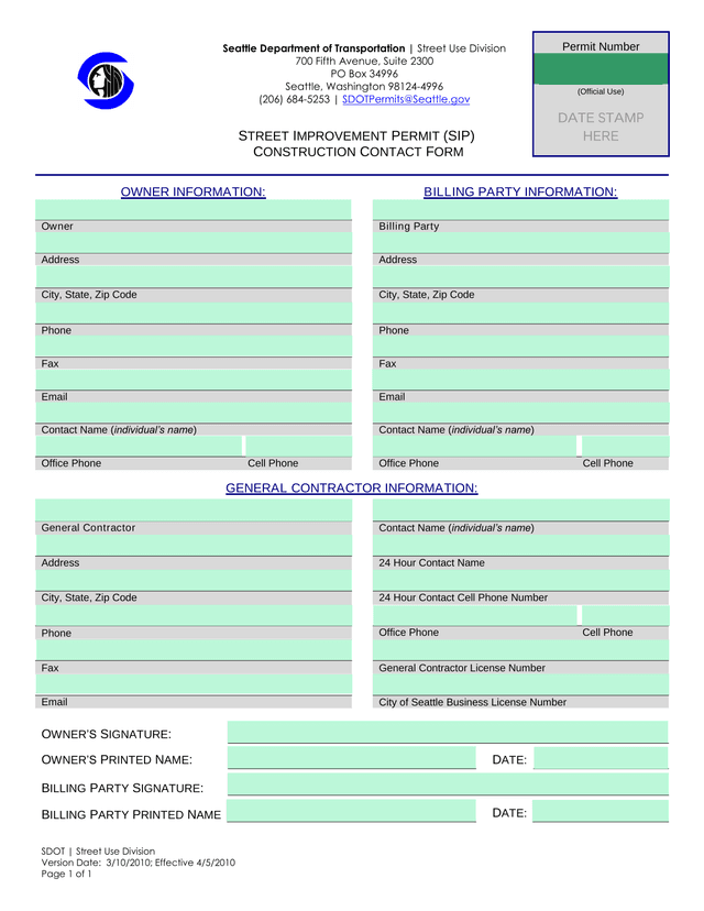 STREET IMPROVEMENT PERMIT (SIP) CONSTRUCTION CONTACT FORM screenshot