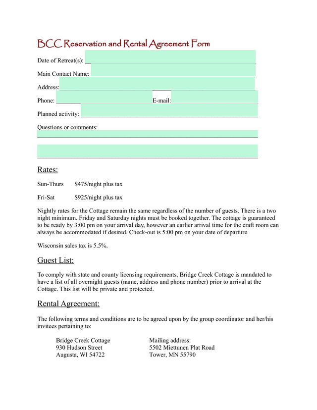 BCC Reservation And Rental Agreement Form screenshot