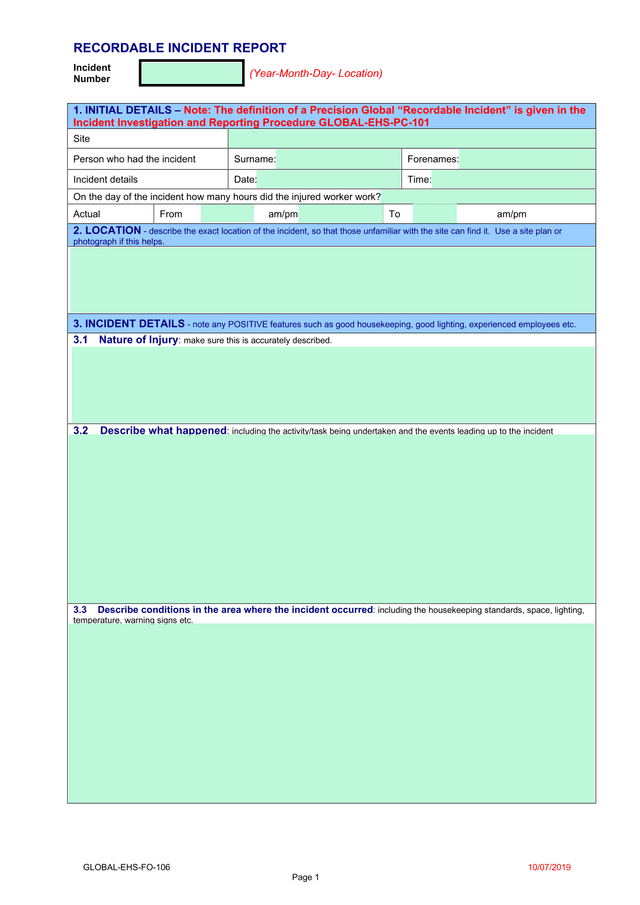 RECORDABLE INCIDENT REPORT screenshot