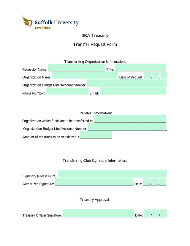 SBA Treasury Transfer Request Form screenshot