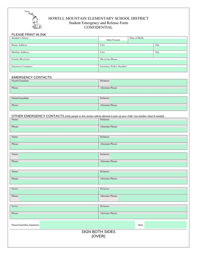Student Emergency And Release Form screenshot