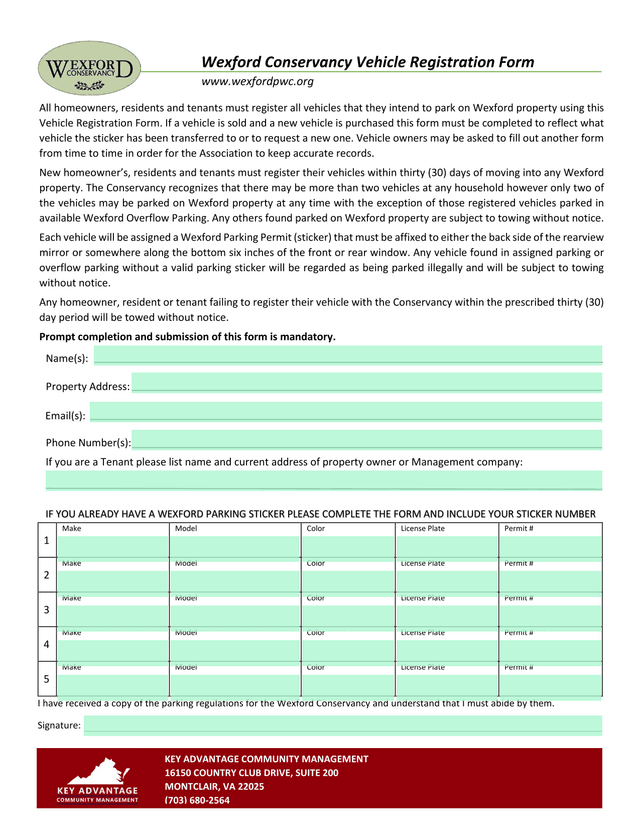Wexford Conservancy Vehicle Registration Form screenshot