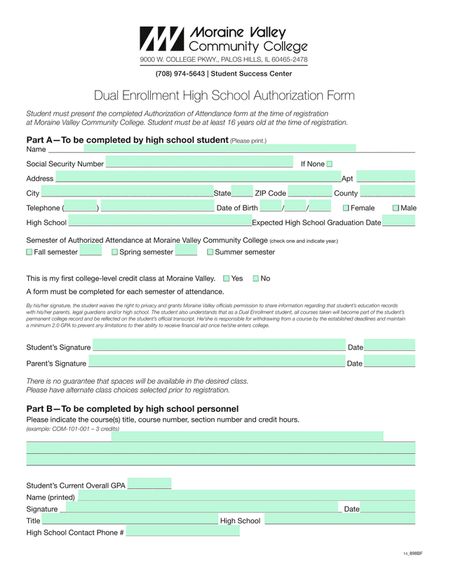 Dual Enrollment High School Authorization Form screenshot
